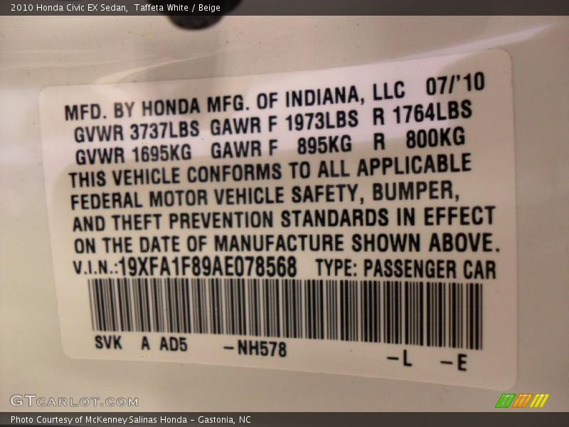 Taffeta White / Beige 2010 Honda Civic EX Sedan