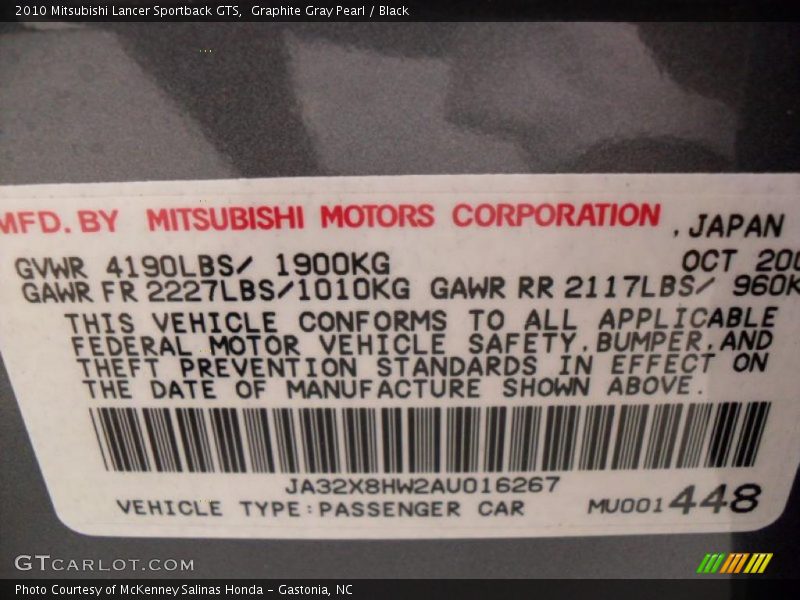 Graphite Gray Pearl / Black 2010 Mitsubishi Lancer Sportback GTS