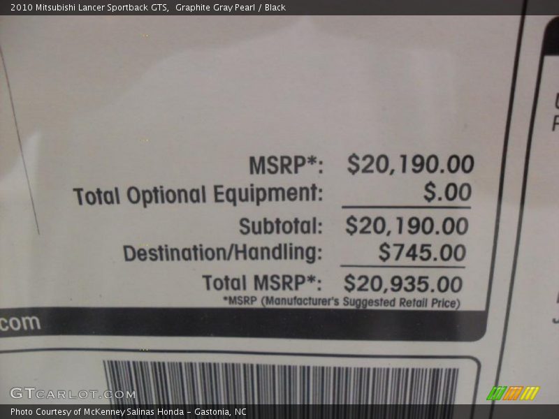 Graphite Gray Pearl / Black 2010 Mitsubishi Lancer Sportback GTS