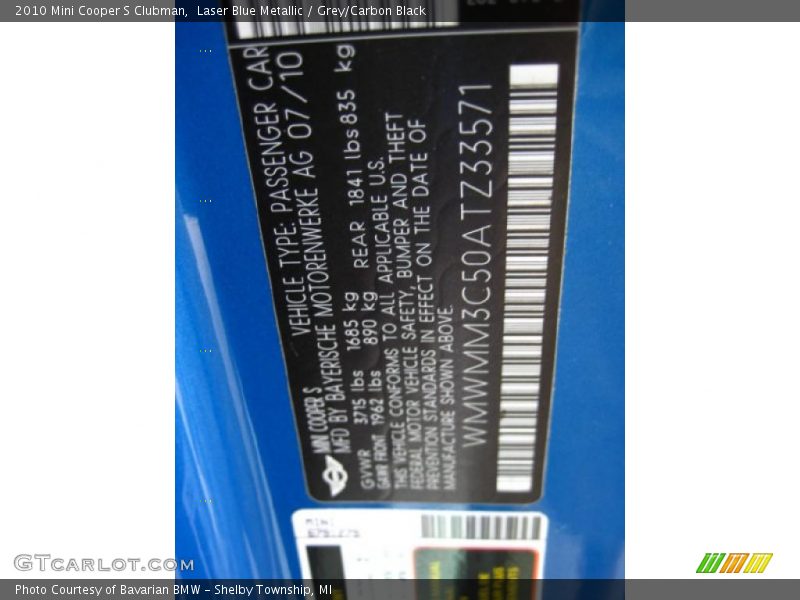Laser Blue Metallic / Grey/Carbon Black 2010 Mini Cooper S Clubman
