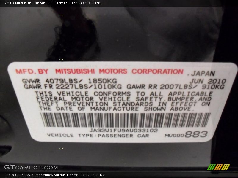Tarmac Black Pearl / Black 2010 Mitsubishi Lancer DE