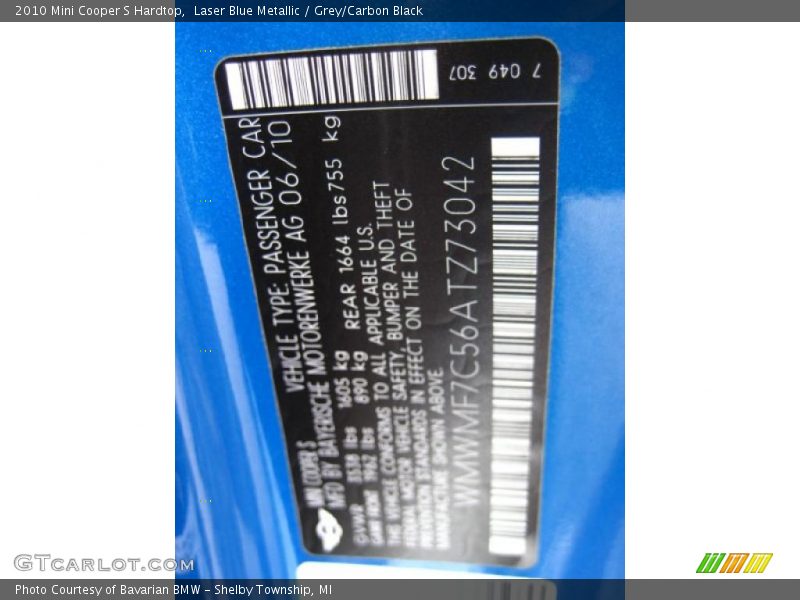 Laser Blue Metallic / Grey/Carbon Black 2010 Mini Cooper S Hardtop