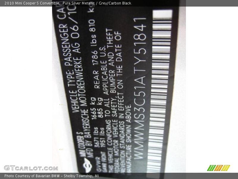 Pure Silver Metallic / Grey/Carbon Black 2010 Mini Cooper S Convertible