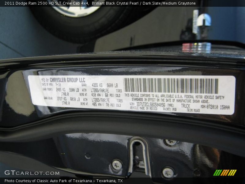 2011 Ram 2500 HD SLT Crew Cab 4x4 Brilliant Black Crystal Pearl Color Code PXR