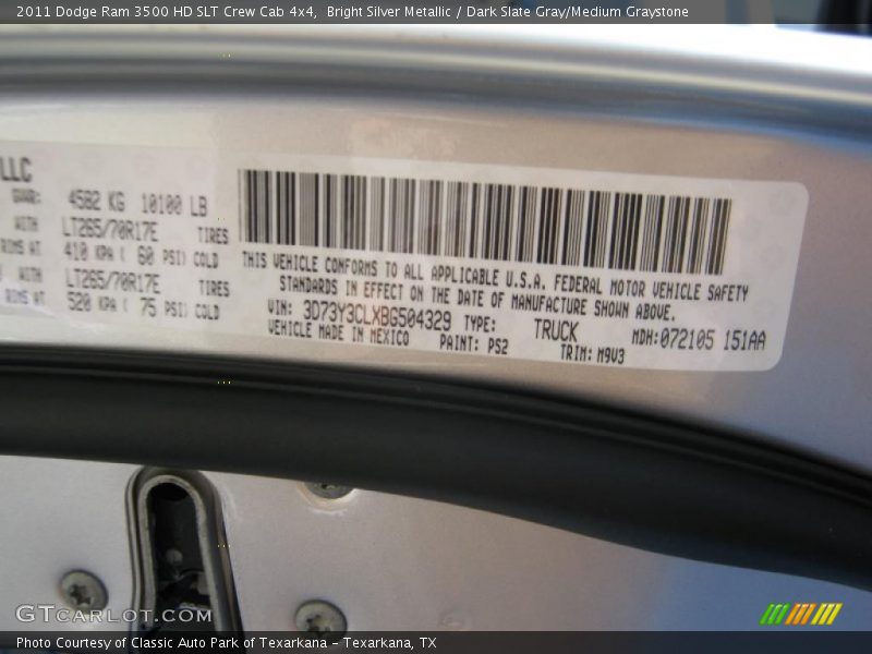 Bright Silver Metallic / Dark Slate Gray/Medium Graystone 2011 Dodge Ram 3500 HD SLT Crew Cab 4x4