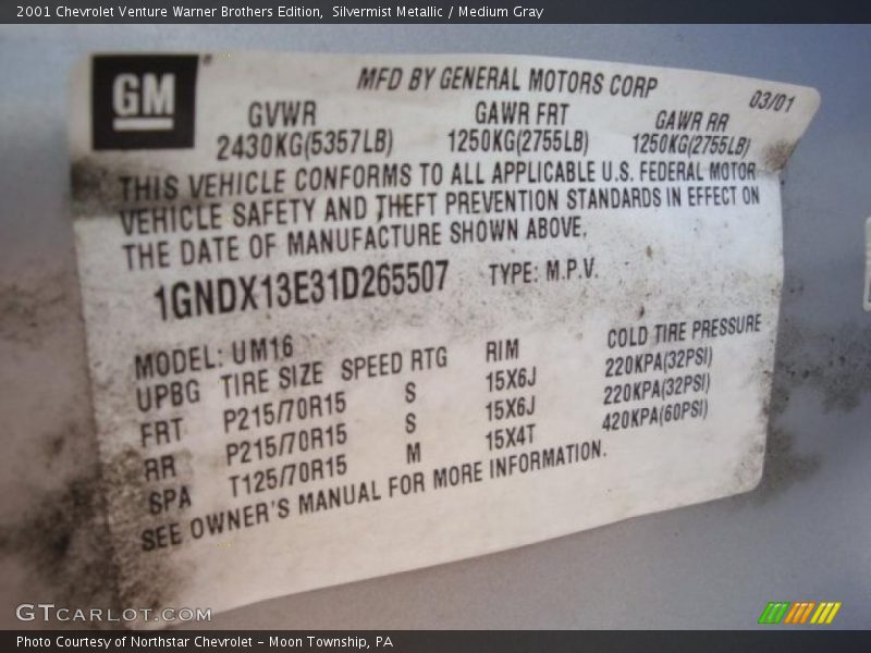 Silvermist Metallic / Medium Gray 2001 Chevrolet Venture Warner Brothers Edition