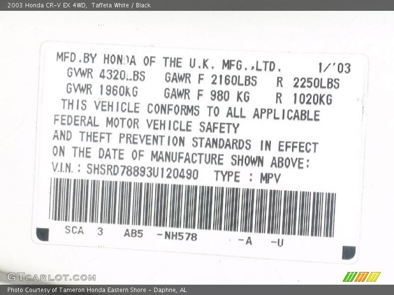 Taffeta White / Black 2003 Honda CR-V EX 4WD