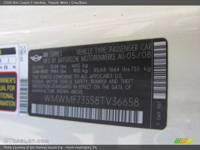 Pepper White / Grey/Black 2008 Mini Cooper S Hardtop