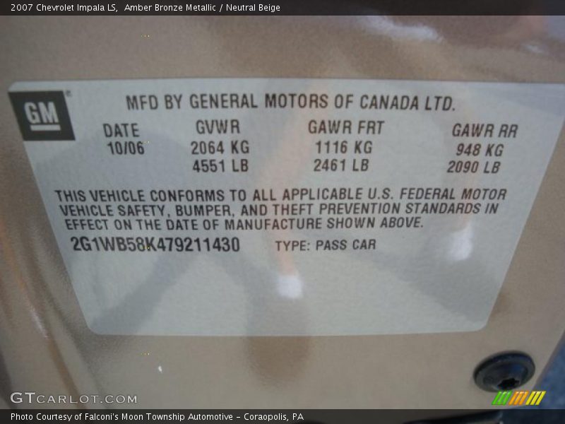 Amber Bronze Metallic / Neutral Beige 2007 Chevrolet Impala LS