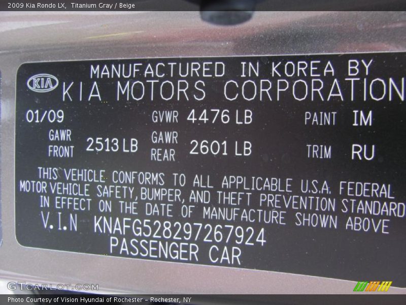 Titanium Gray / Beige 2009 Kia Rondo LX