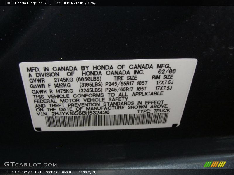 Steel Blue Metallic / Gray 2008 Honda Ridgeline RTL