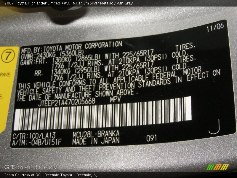 Millenium Silver Metallic / Ash Gray 2007 Toyota Highlander Limited 4WD