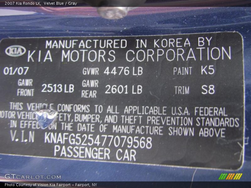 Velvet Blue / Gray 2007 Kia Rondo LX