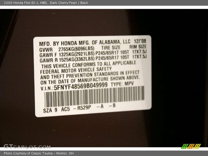 Dark Cherry Pearl / Black 2009 Honda Pilot EX-L 4WD