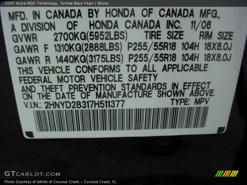 Formal Black Pearl / Ebony 2007 Acura MDX Technology