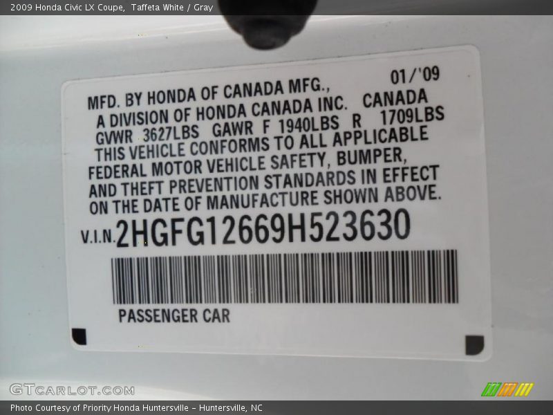 Taffeta White / Gray 2009 Honda Civic LX Coupe