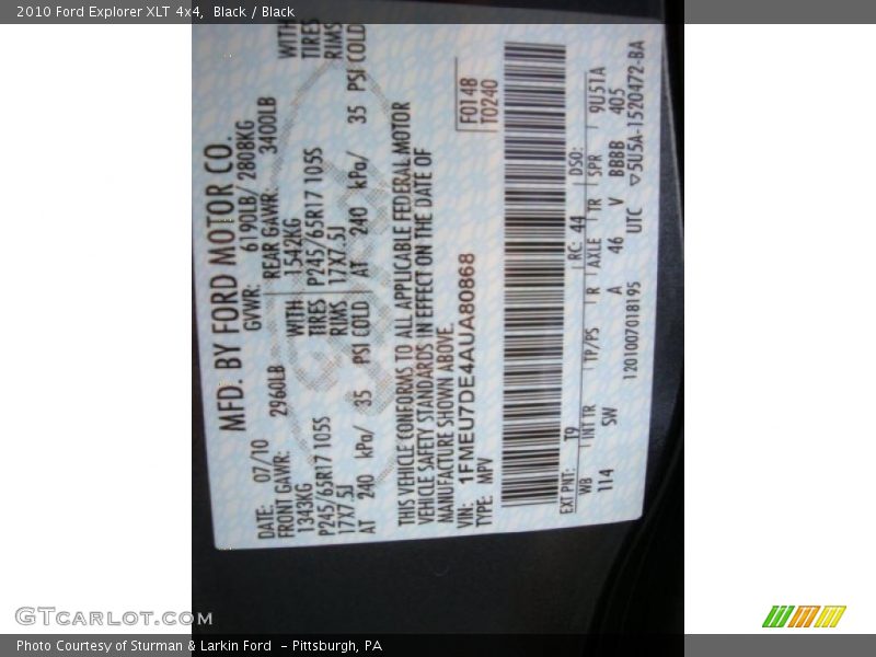 Black / Black 2010 Ford Explorer XLT 4x4