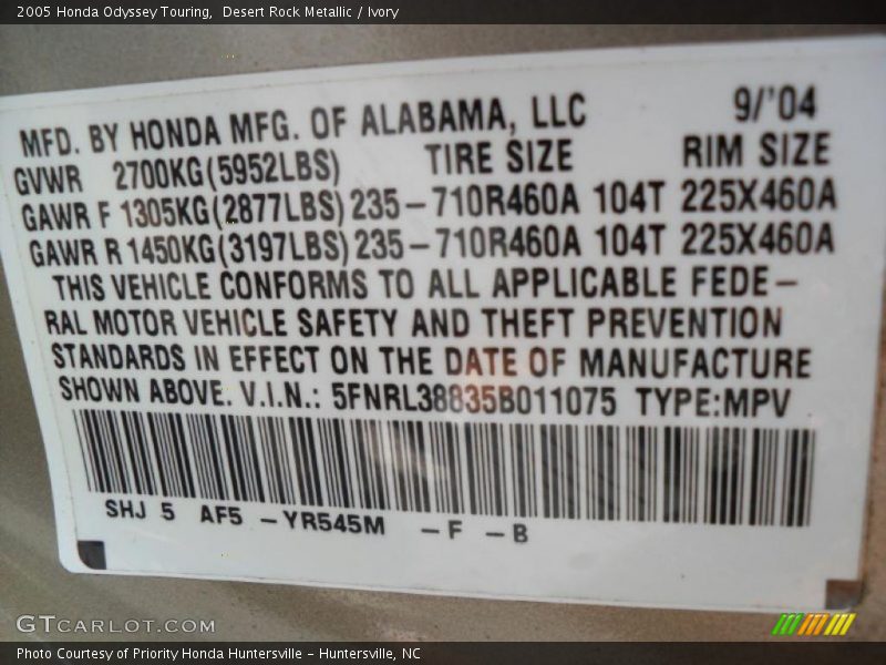 Desert Rock Metallic / Ivory 2005 Honda Odyssey Touring