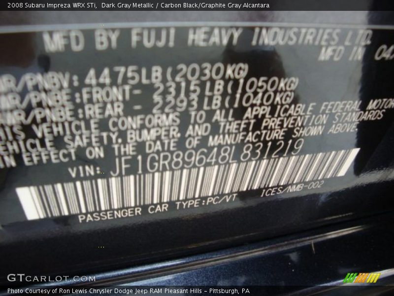 Dark Gray Metallic / Carbon Black/Graphite Gray Alcantara 2008 Subaru Impreza WRX STi