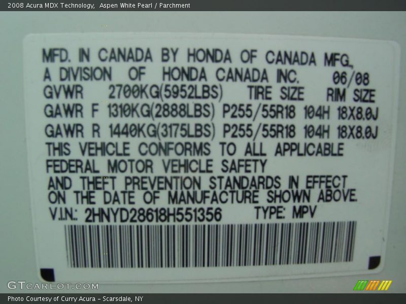 Aspen White Pearl / Parchment 2008 Acura MDX Technology