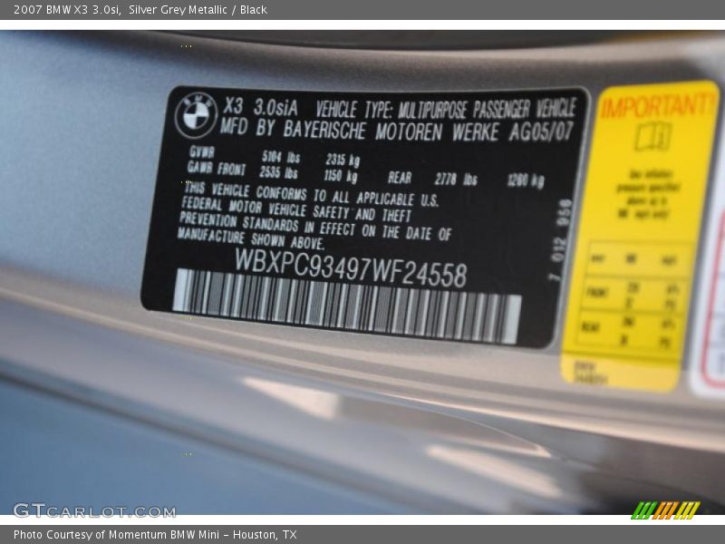 Silver Grey Metallic / Black 2007 BMW X3 3.0si