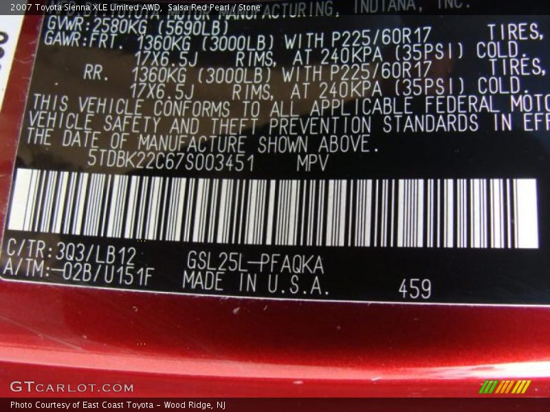 Salsa Red Pearl / Stone 2007 Toyota Sienna XLE Limited AWD
