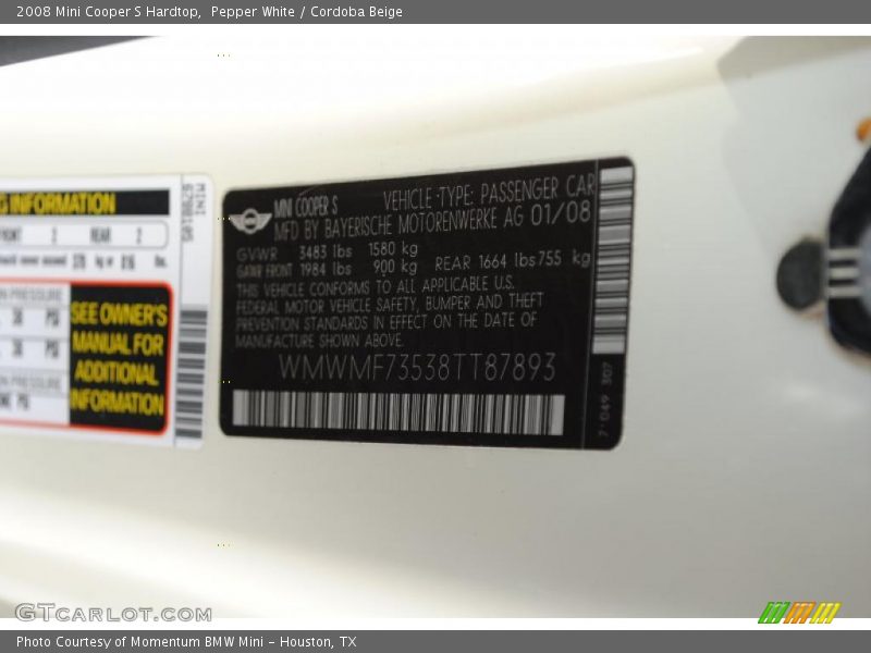 Pepper White / Cordoba Beige 2008 Mini Cooper S Hardtop