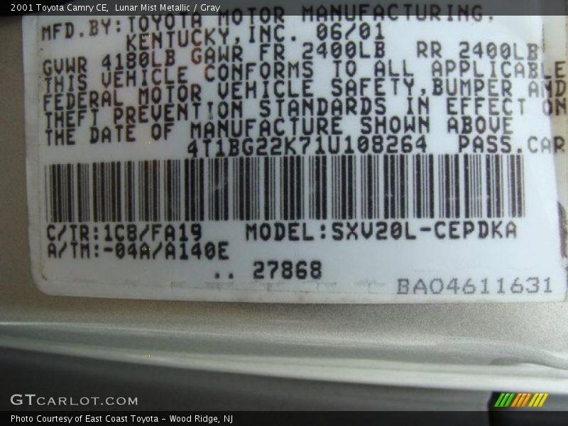 Lunar Mist Metallic / Gray 2001 Toyota Camry CE