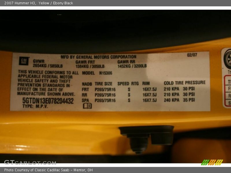Yellow / Ebony Black 2007 Hummer H3