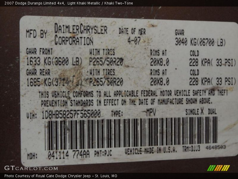 Light Khaki Metallic / Khaki Two-Tone 2007 Dodge Durango Limited 4x4