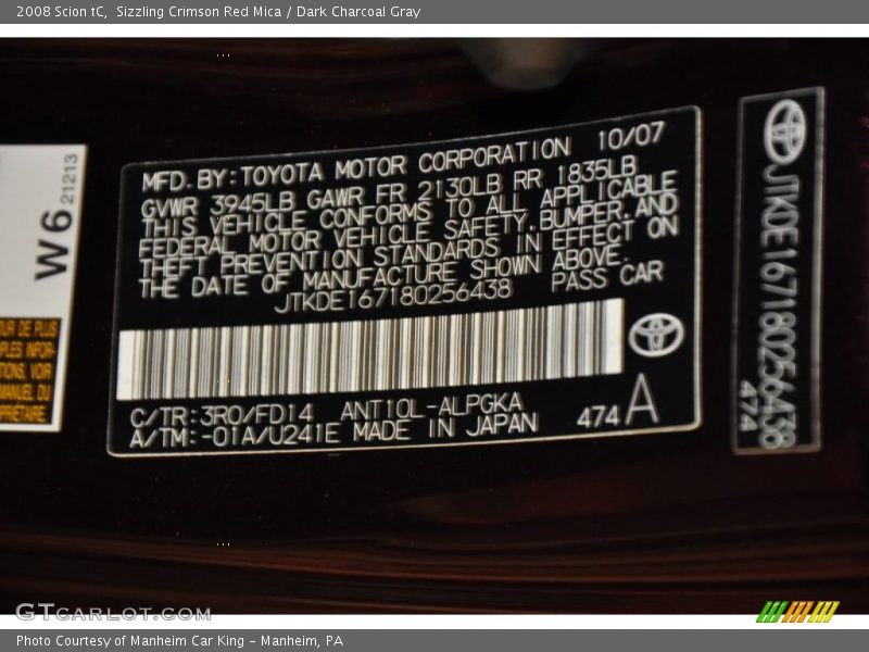 Sizzling Crimson Red Mica / Dark Charcoal Gray 2008 Scion tC