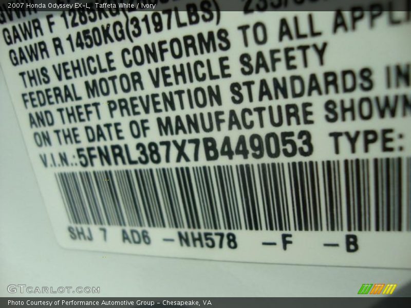 Taffeta White / Ivory 2007 Honda Odyssey EX-L