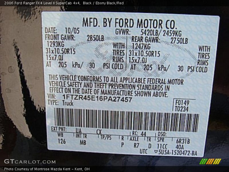 Black / Ebony Black/Red 2006 Ford Ranger FX4 Level II SuperCab 4x4