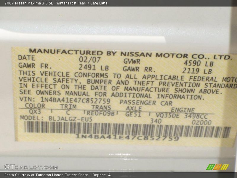 Winter Frost Pearl / Cafe Latte 2007 Nissan Maxima 3.5 SL