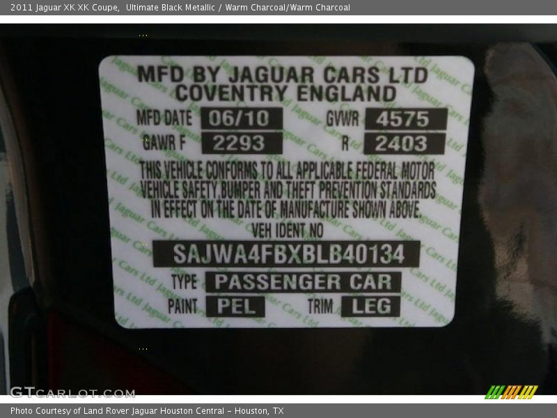 Ultimate Black Metallic / Warm Charcoal/Warm Charcoal 2011 Jaguar XK XK Coupe