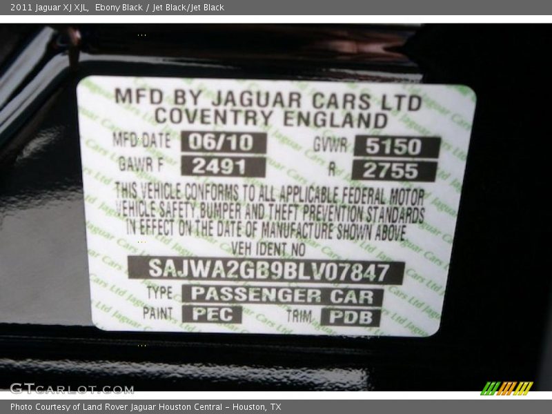 Ebony Black / Jet Black/Jet Black 2011 Jaguar XJ XJL
