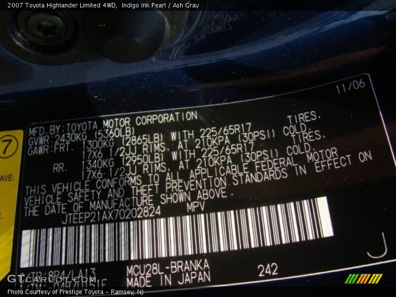 Indigo Ink Pearl / Ash Gray 2007 Toyota Highlander Limited 4WD