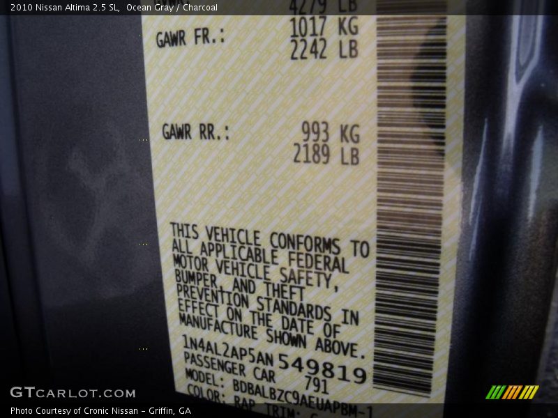 Ocean Gray / Charcoal 2010 Nissan Altima 2.5 SL