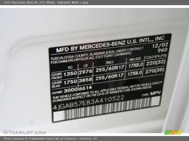 Alabaster White / Java 2003 Mercedes-Benz ML 350 4Matic