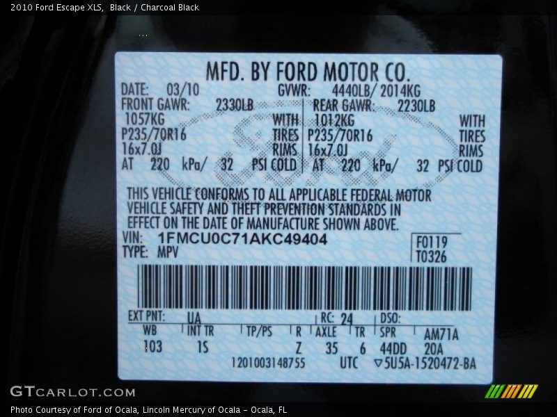 Black / Charcoal Black 2010 Ford Escape XLS