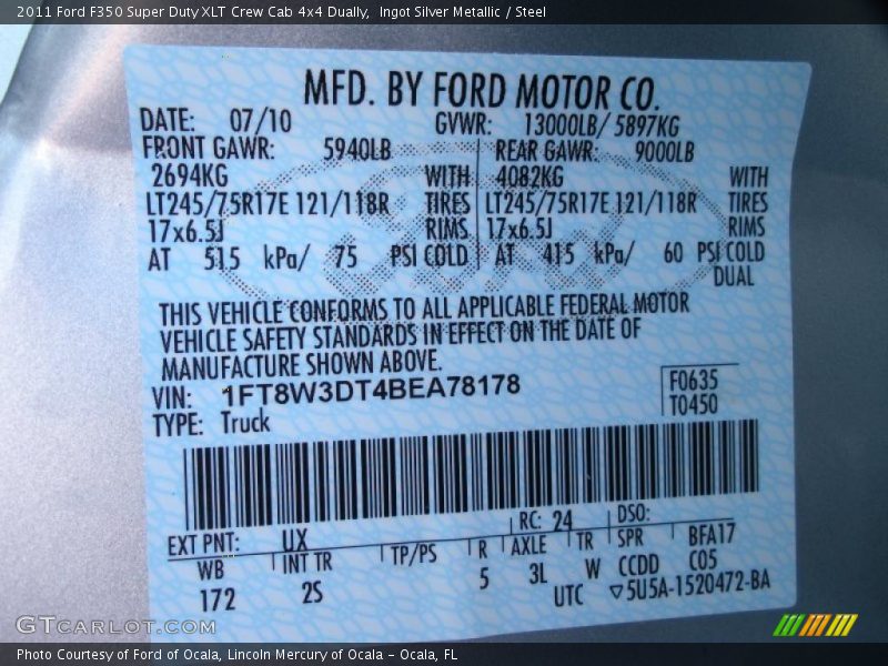 Ingot Silver Metallic / Steel 2011 Ford F350 Super Duty XLT Crew Cab 4x4 Dually