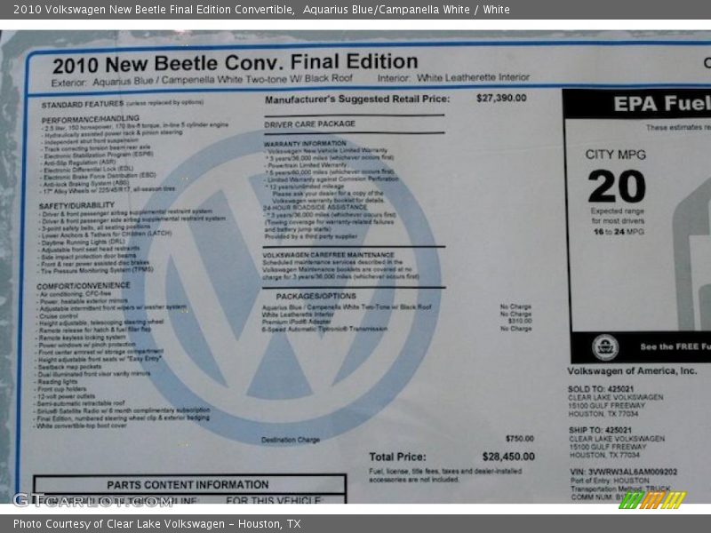 Aquarius Blue/Campanella White / White 2010 Volkswagen New Beetle Final Edition Convertible