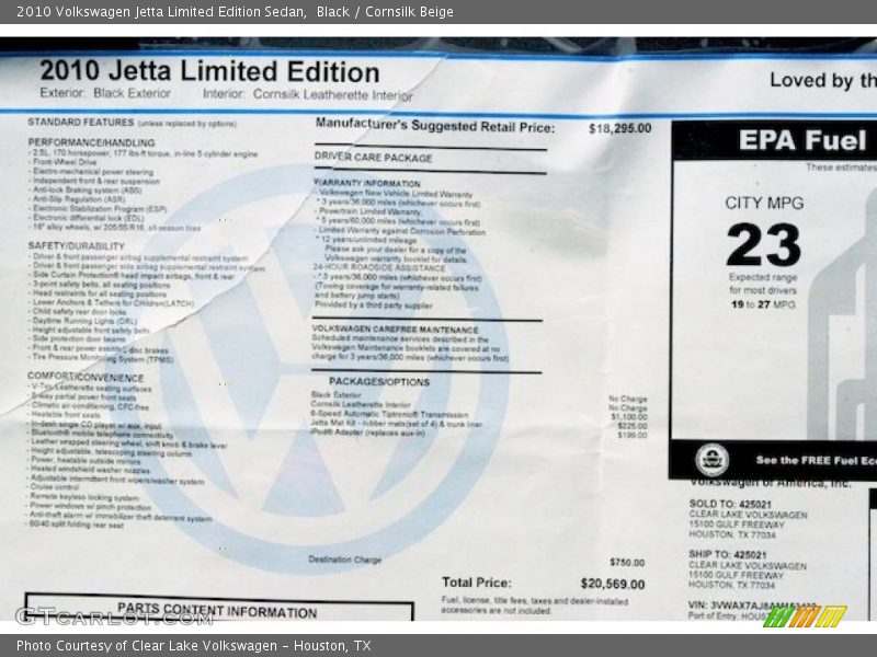 Black / Cornsilk Beige 2010 Volkswagen Jetta Limited Edition Sedan