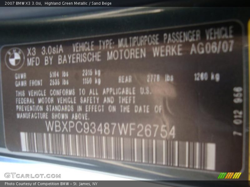 Highland Green Metallic / Sand Beige 2007 BMW X3 3.0si