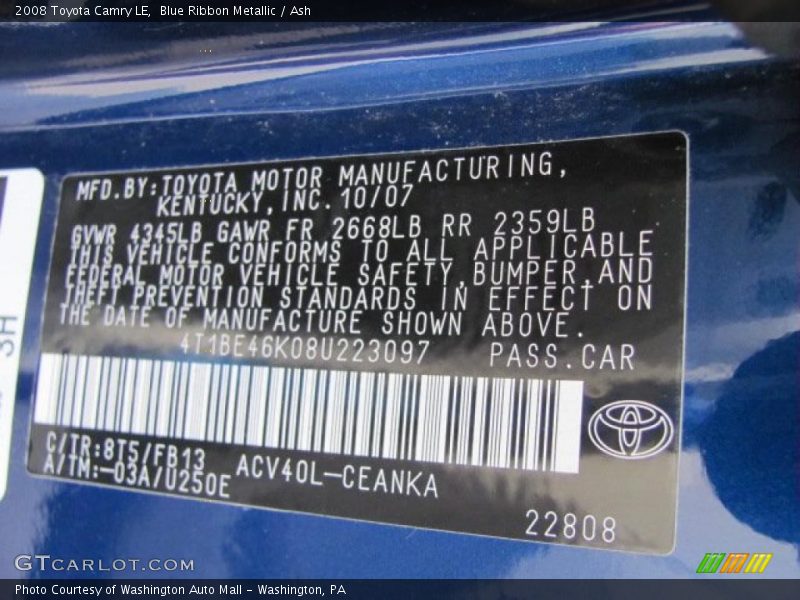 Blue Ribbon Metallic / Ash 2008 Toyota Camry LE