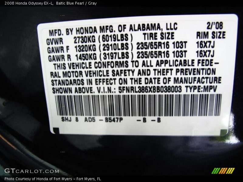 Baltic Blue Pearl / Gray 2008 Honda Odyssey EX-L