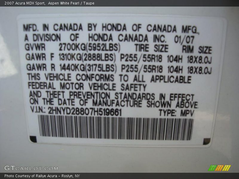 Aspen White Pearl / Taupe 2007 Acura MDX Sport