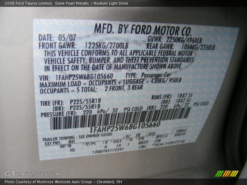 Dune Pearl Metallic / Medium Light Stone 2008 Ford Taurus Limited
