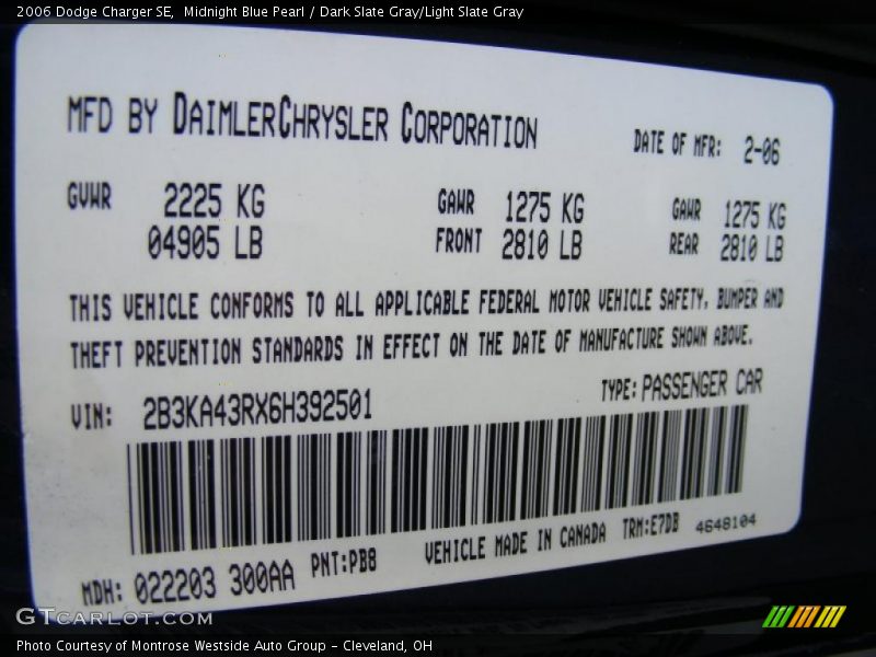 Midnight Blue Pearl / Dark Slate Gray/Light Slate Gray 2006 Dodge Charger SE