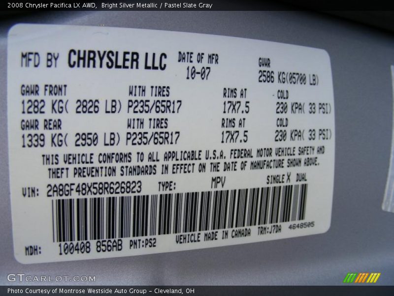 Bright Silver Metallic / Pastel Slate Gray 2008 Chrysler Pacifica LX AWD